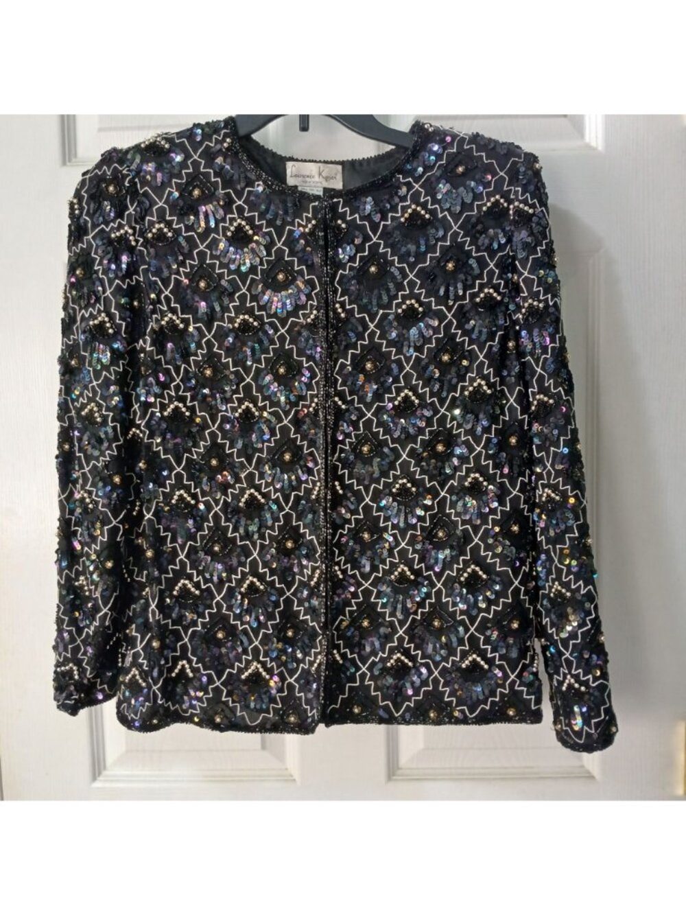VTG Laurence Kazar Sz L Black Silver 100% Silk Sequin Bead Jacket Formal  #T-27 - Picture 11 of 12